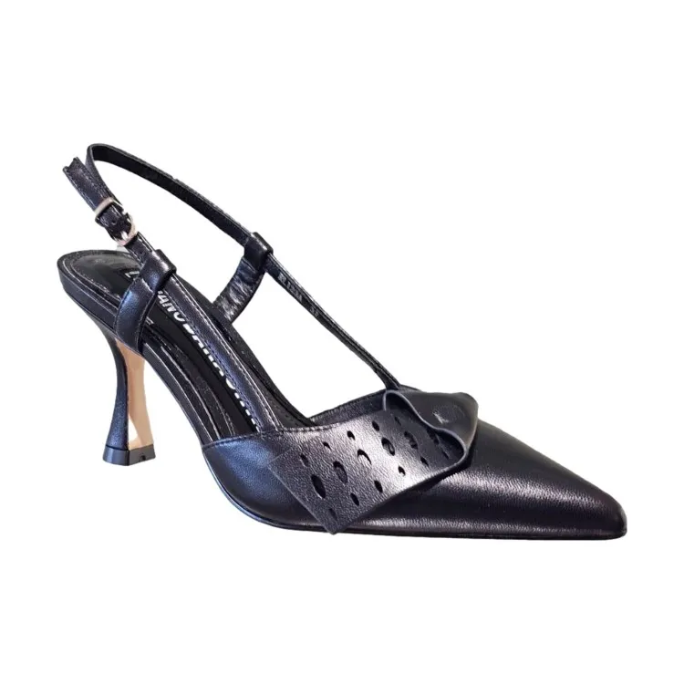 High Quality Women's Sling Back Medium Heel Pumps in Genuine Black Leather