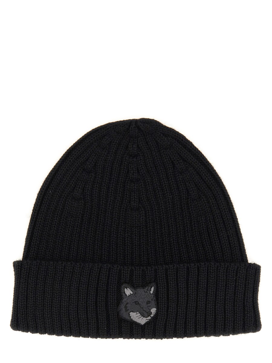 Ribbed Wool Beanie Hat with Fox Head by MAISON KITSUNÉ