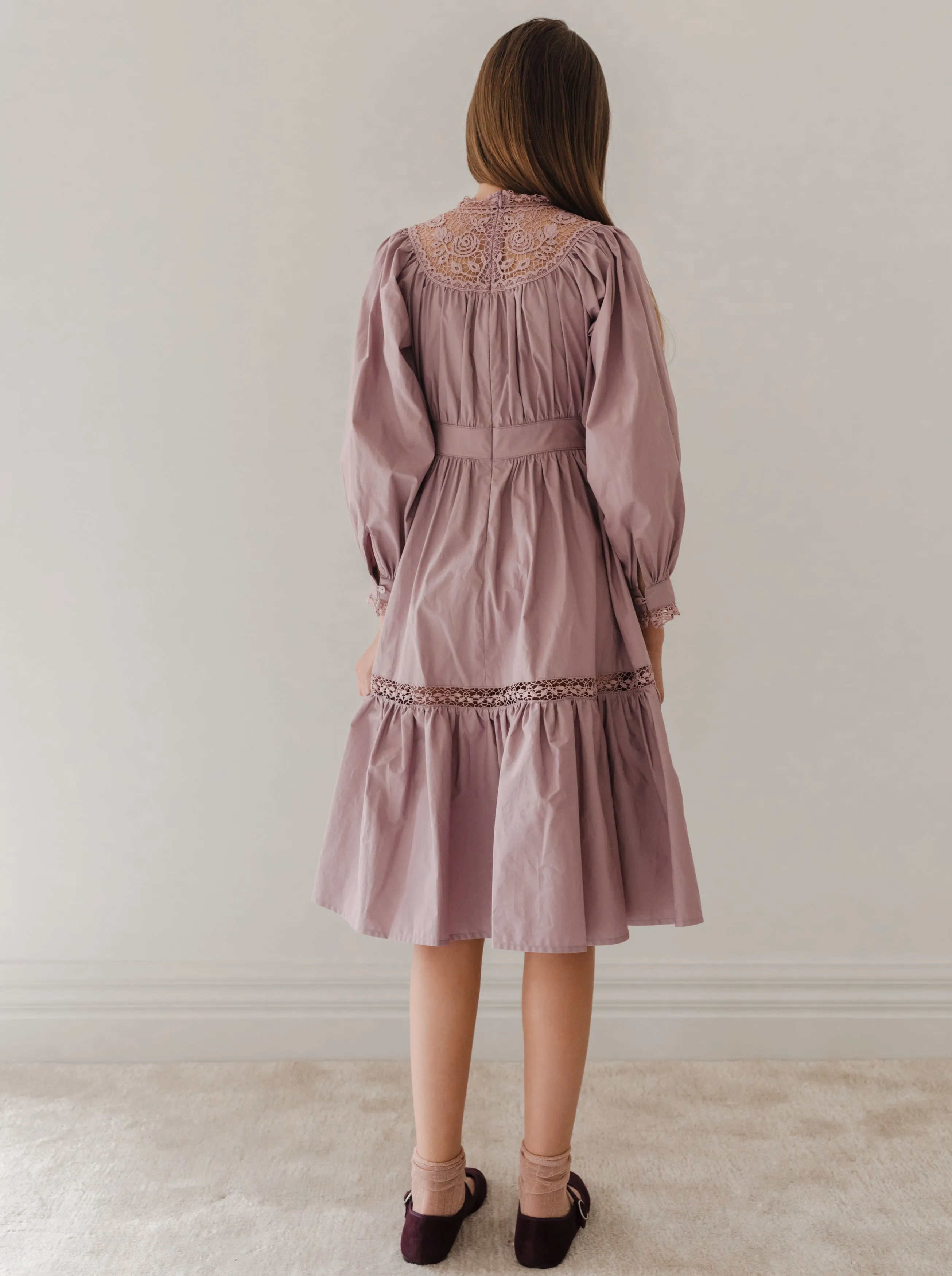 Mauve Poplin Applique Midi Dress in Black