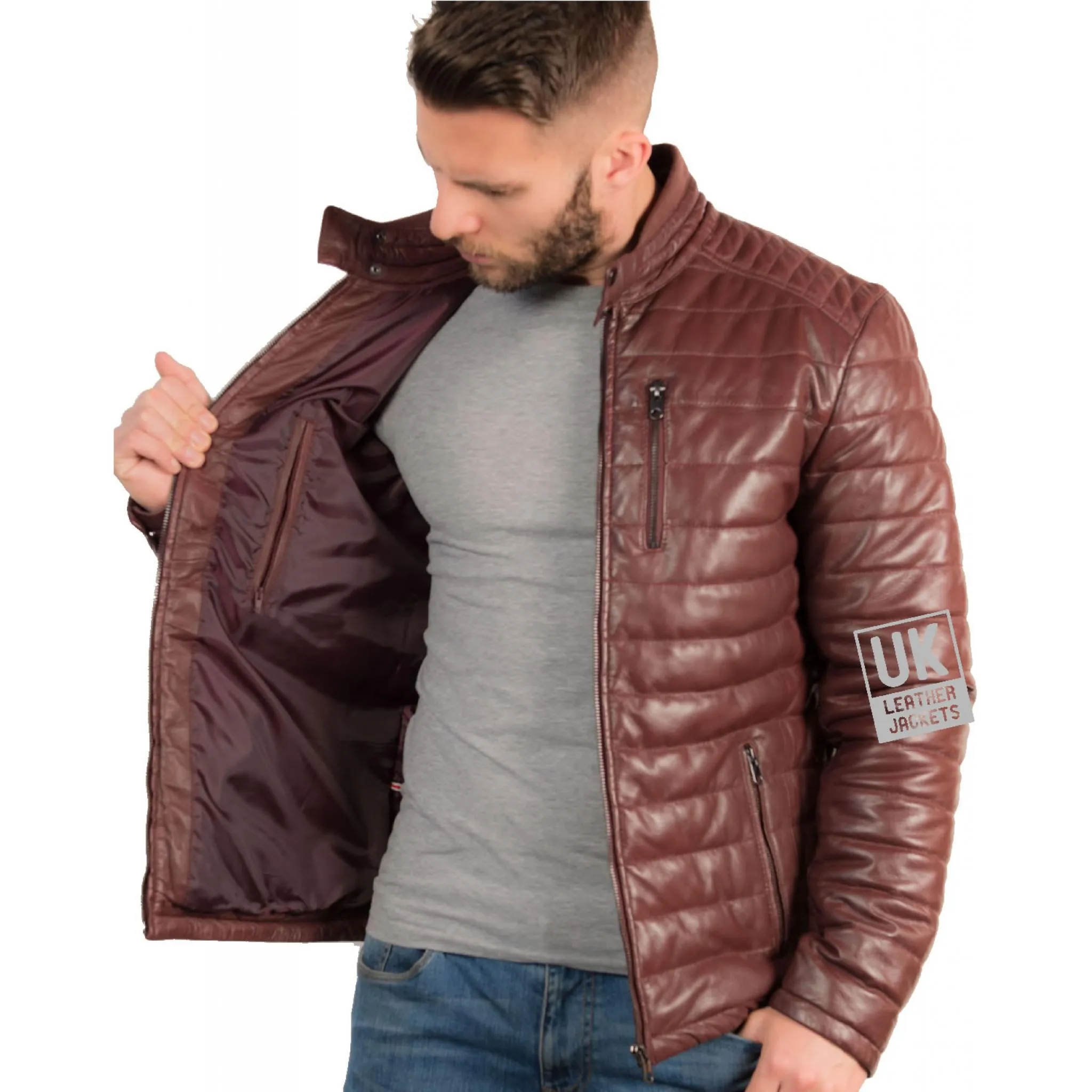 Ultra Light Quilted Burgundy Leather Jacket for Men by UK Leather Jackets