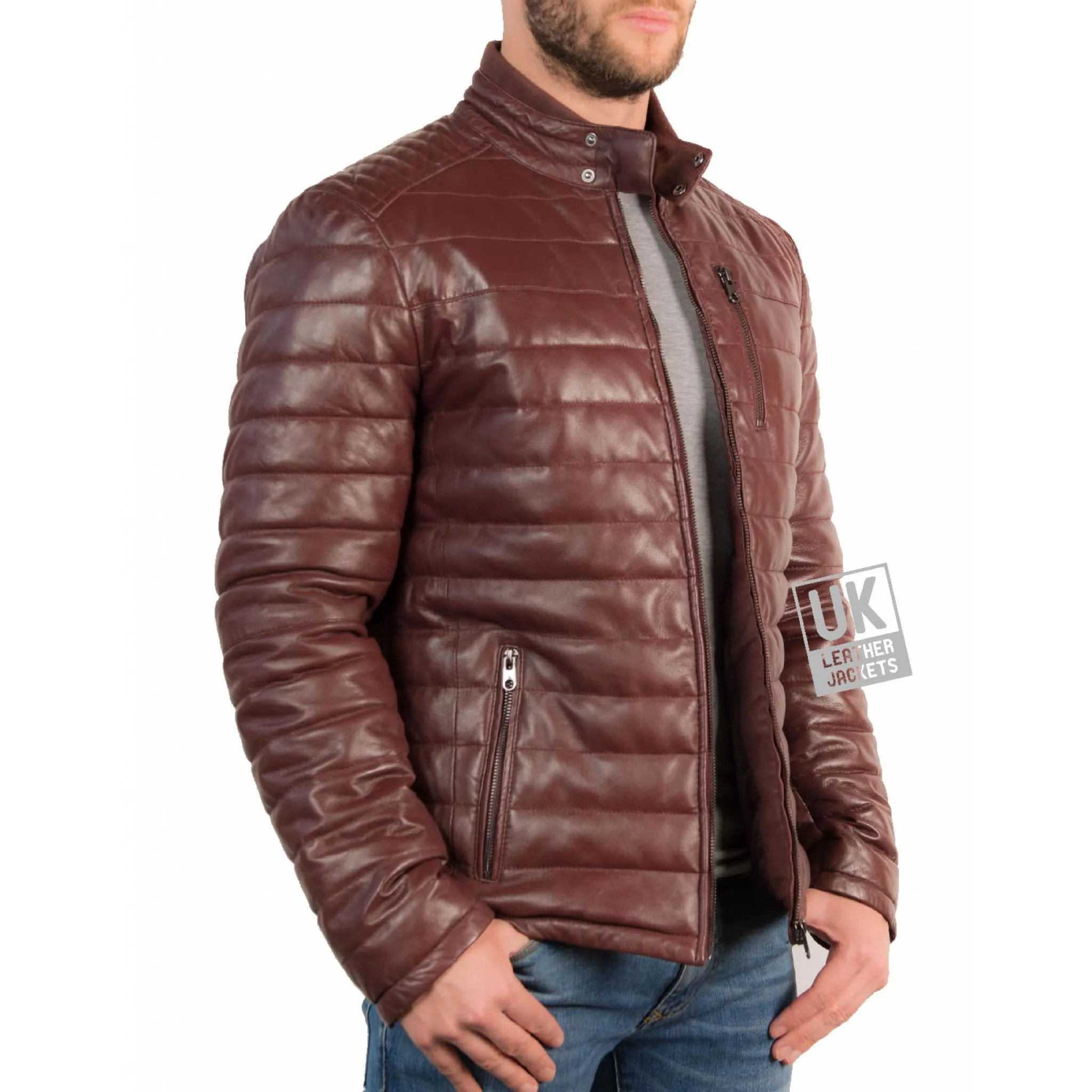 Ultra Light Quilted Burgundy Leather Jacket for Men by UK Leather Jackets