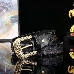 Men's Crocodile Leather Gold Dragon Pin Buckle Waist Belt