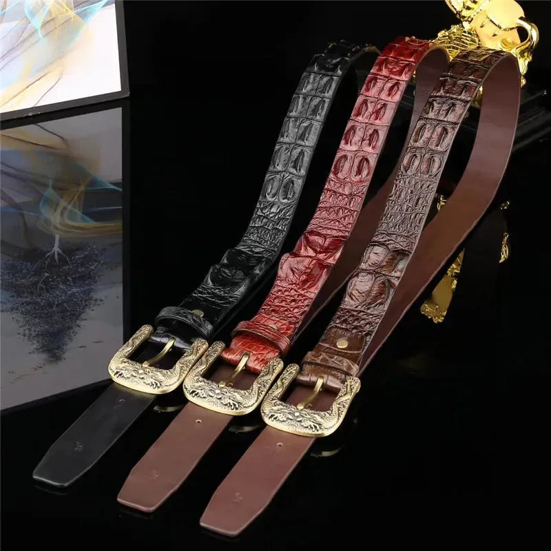 Men's Crocodile Leather Gold Dragon Pin Buckle Waist Belt