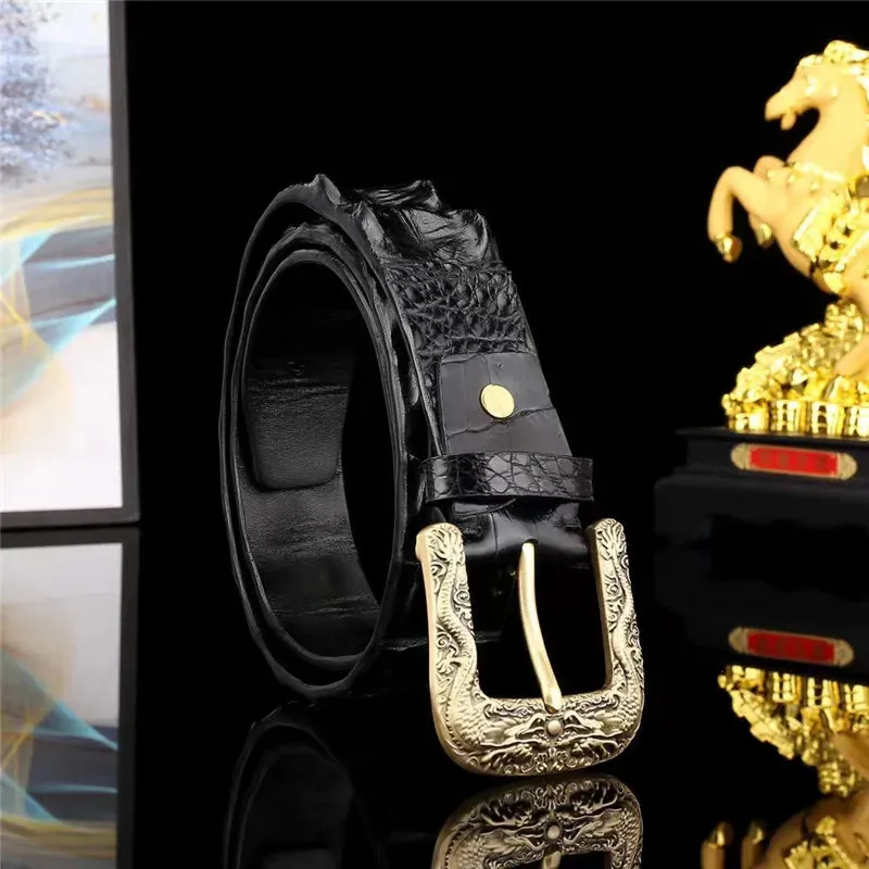 Men's Crocodile Leather Gold Dragon Pin Buckle Waist Belt