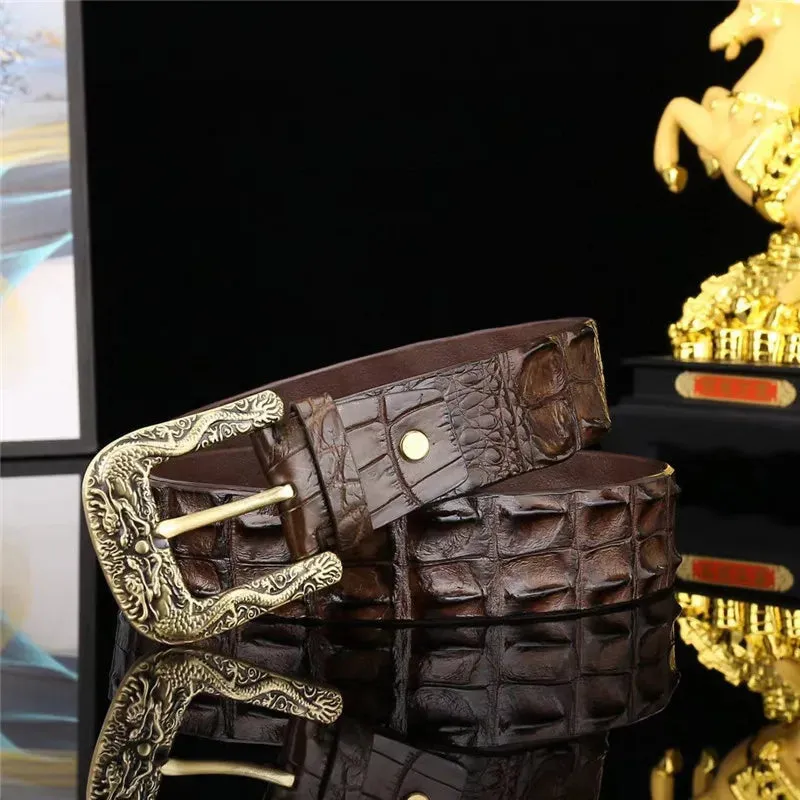 Men's Crocodile Leather Gold Dragon Pin Buckle Waist Belt