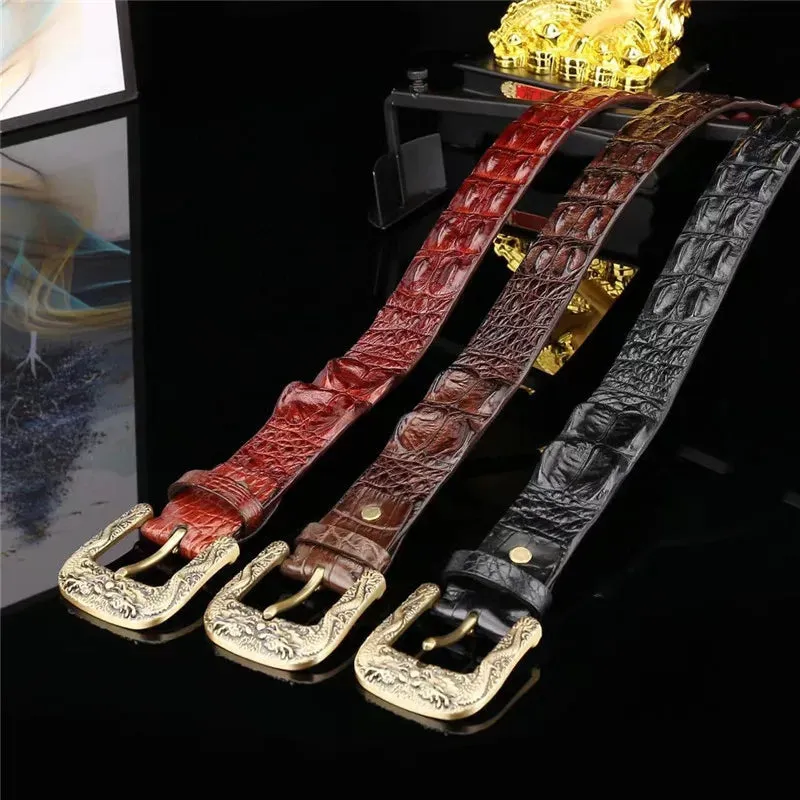 Men's Crocodile Leather Gold Dragon Pin Buckle Waist Belt