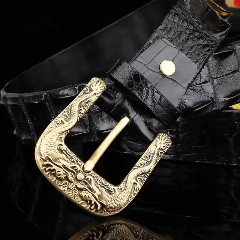 Men's Crocodile Leather Gold Dragon Pin Buckle Waist Belt