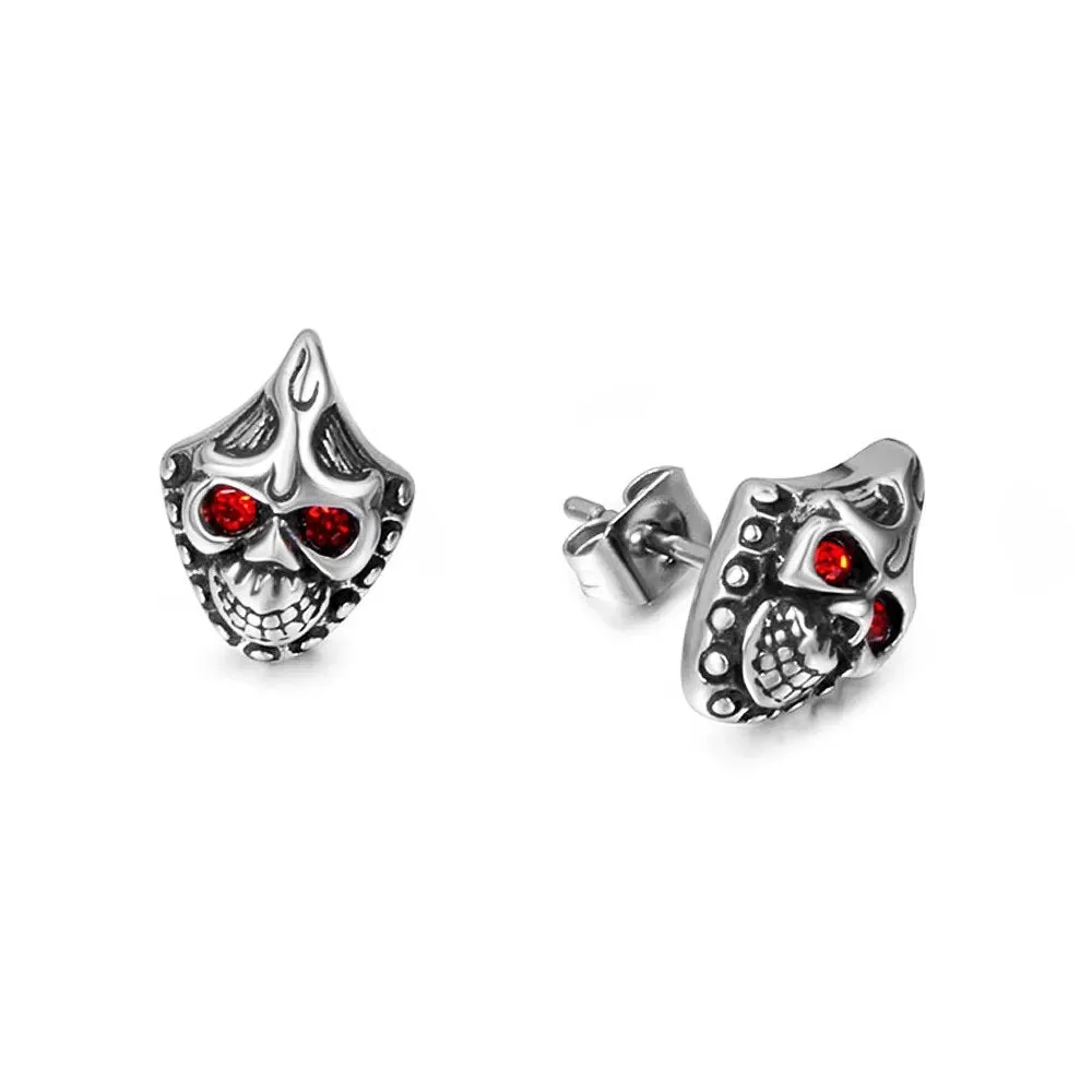 Red Eye Skull Stainless Steel Biker Earrings for Men in Hip Hop Korean Fashion