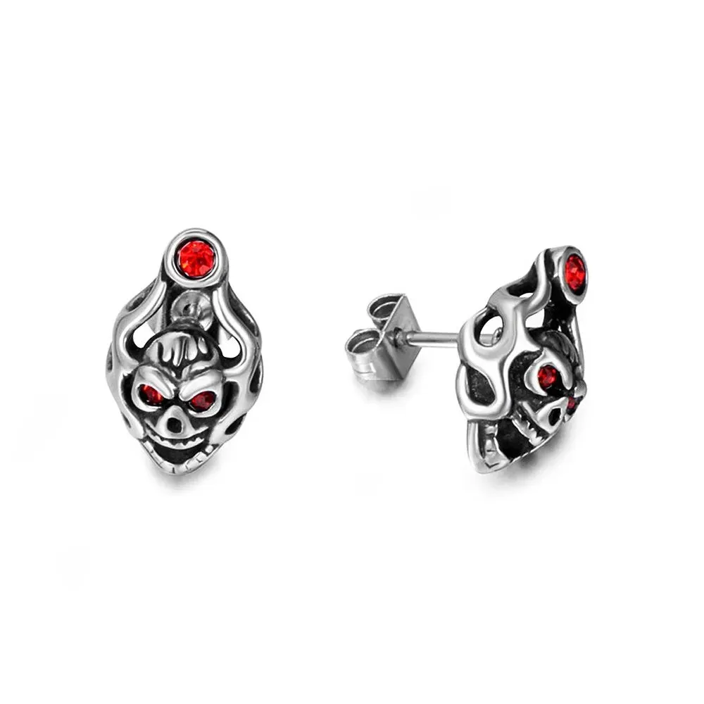 Red Eye Skull Stainless Steel Biker Earrings for Men in Hip Hop Korean Fashion