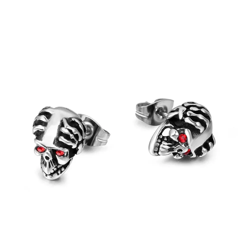 Red Eye Skull Stainless Steel Biker Earrings for Men in Hip Hop Korean Fashion