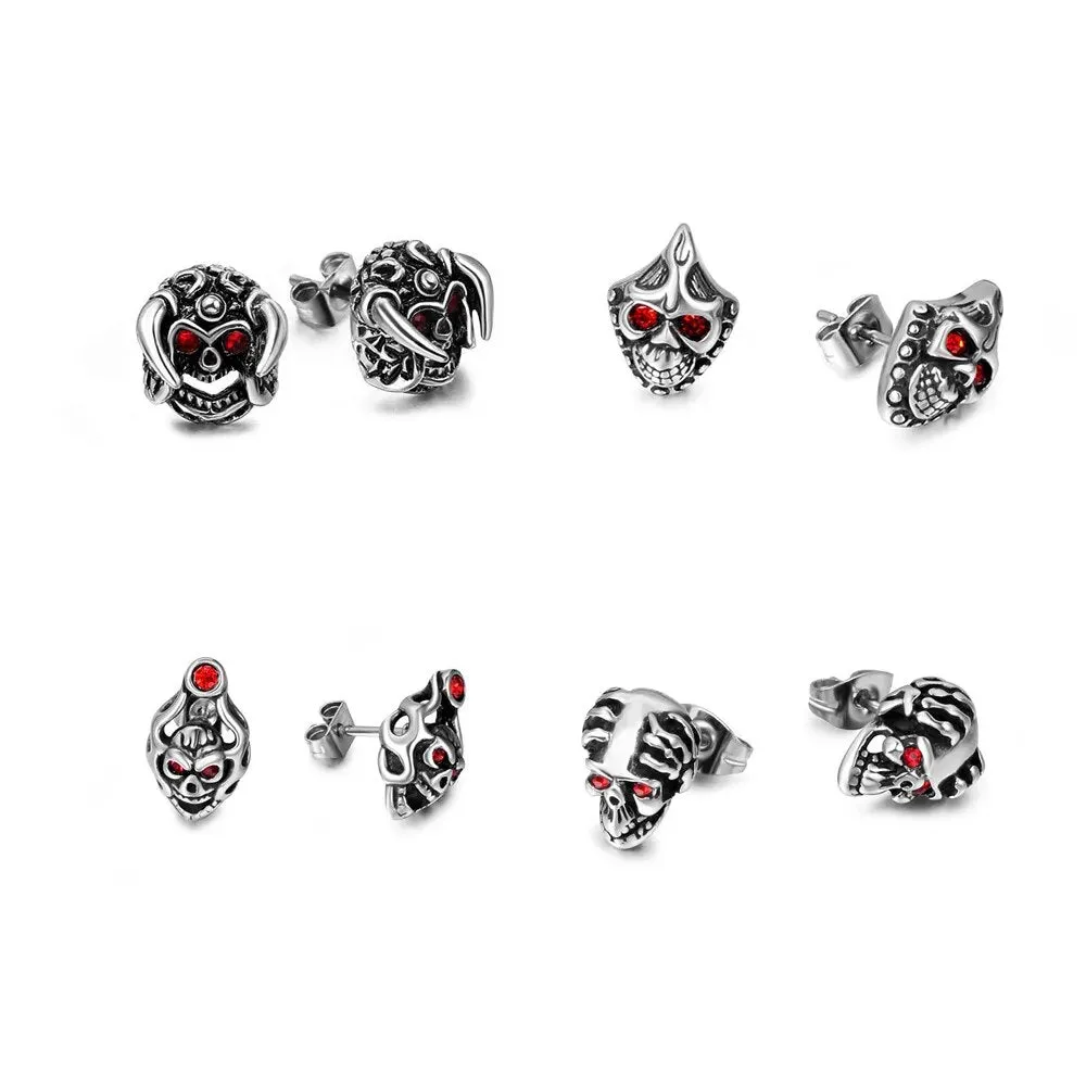 Red Eye Skull Stainless Steel Biker Earrings for Men in Hip Hop Korean Fashion