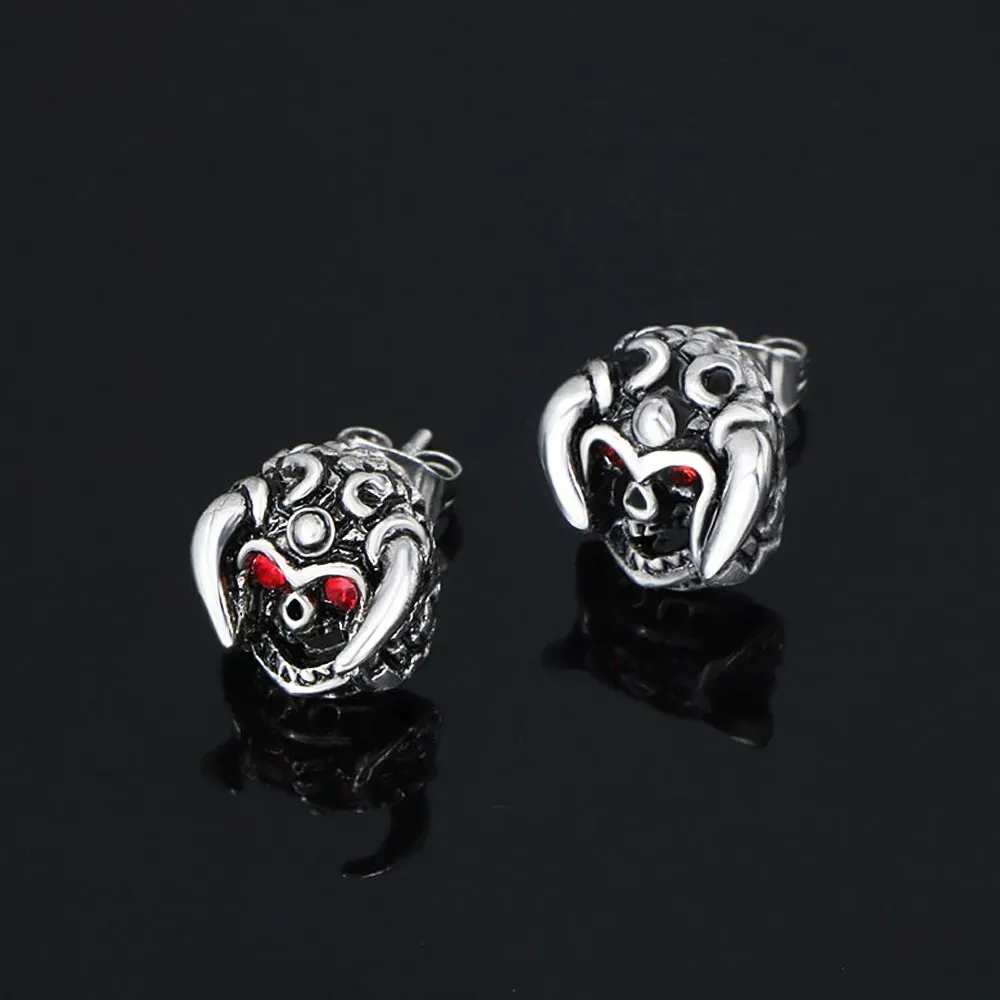 Red Eye Skull Stainless Steel Biker Earrings for Men in Hip Hop Korean Fashion