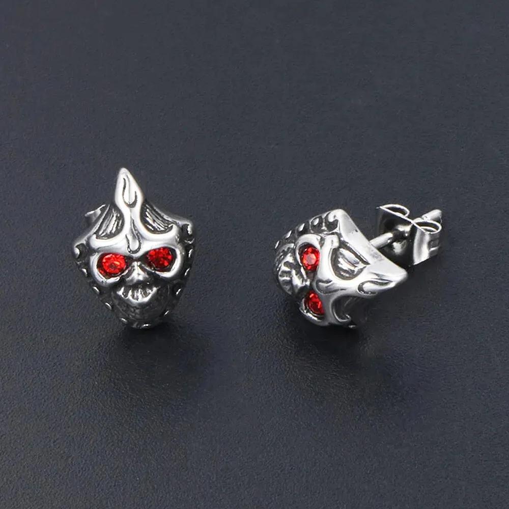 Red Eye Skull Stainless Steel Biker Earrings for Men in Hip Hop Korean Fashion