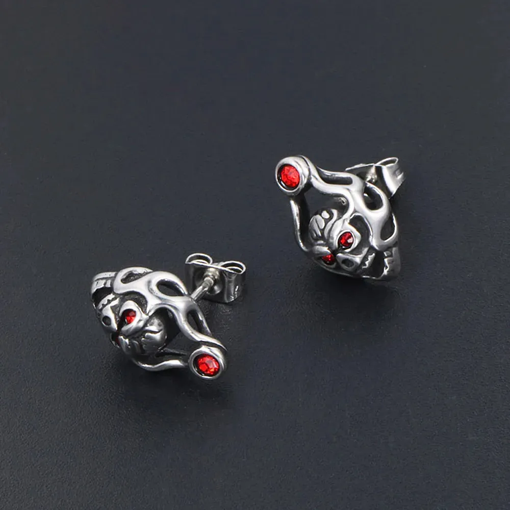 Red Eye Skull Stainless Steel Biker Earrings for Men in Hip Hop Korean Fashion