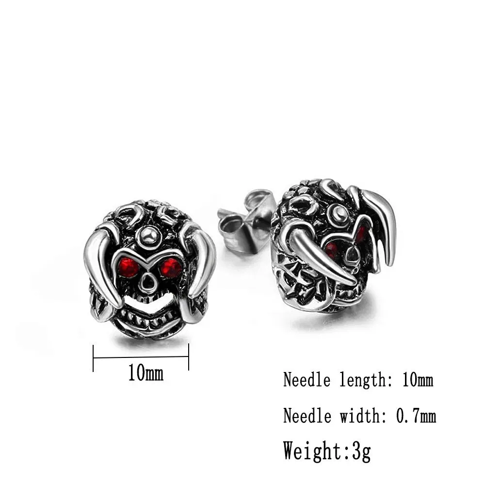 Red Eye Skull Stainless Steel Biker Earrings for Men in Hip Hop Korean Fashion