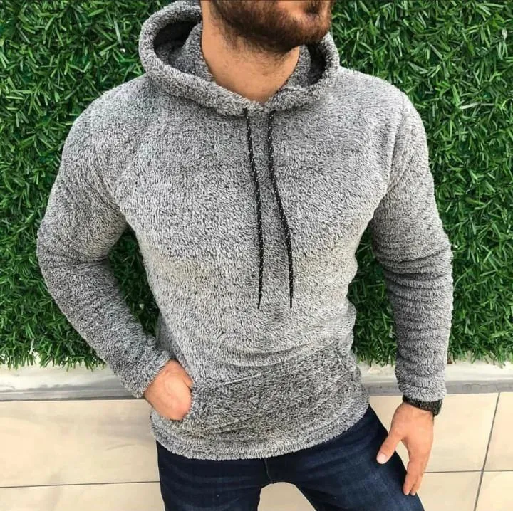 Men's Plush Solid Color Pocket Hoodie 55330030Z