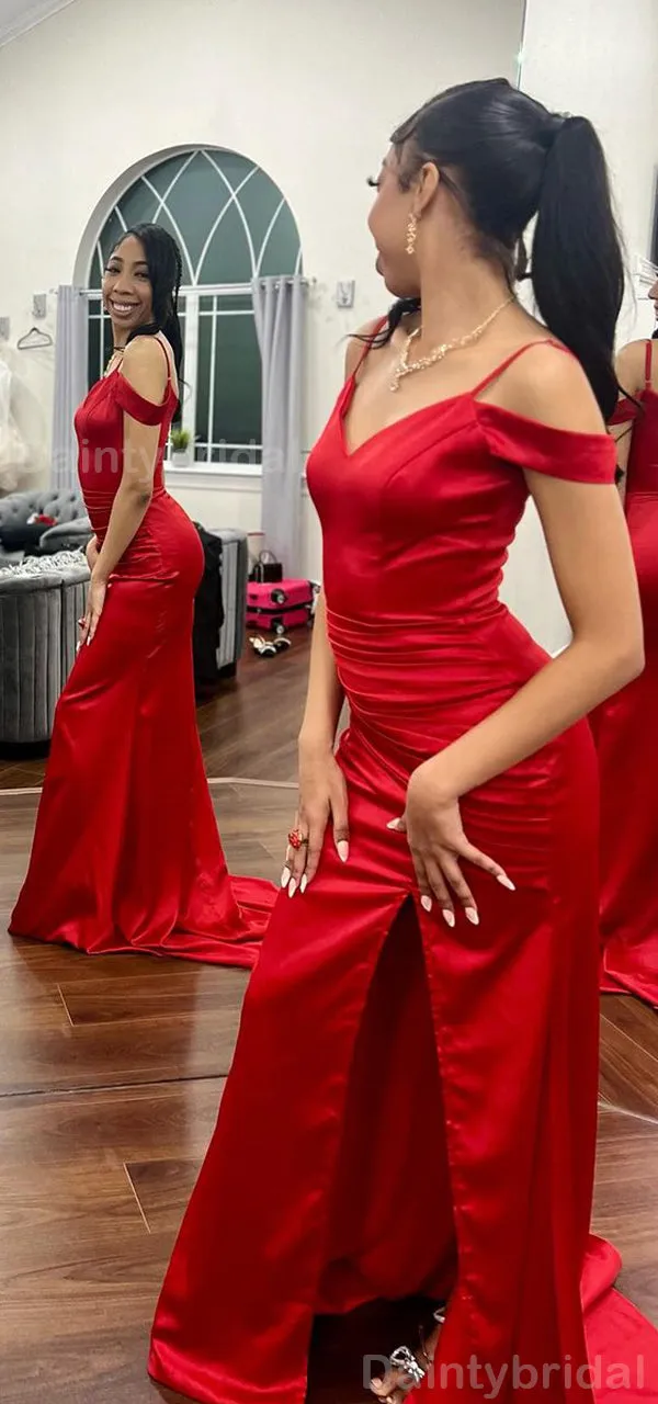 Elegant Red Mermaid Bridesmaid Gowns with Cold Shoulder & Side Slit