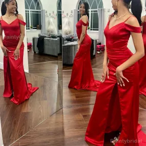 Elegant Red Mermaid Bridesmaid Gowns with Cold Shoulder & Side Slit