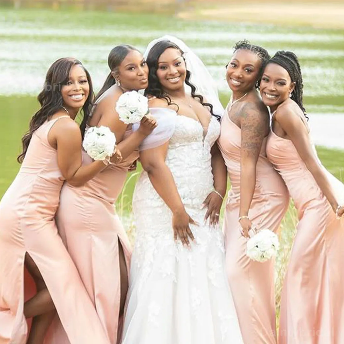 Mismatched Mermaid Bridesmaid Gowns with One Shoulder & Side Slit