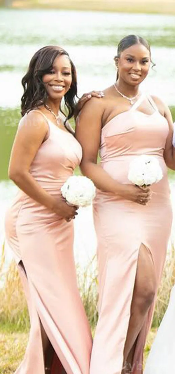 Mismatched Mermaid Bridesmaid Gowns with One Shoulder & Side Slit