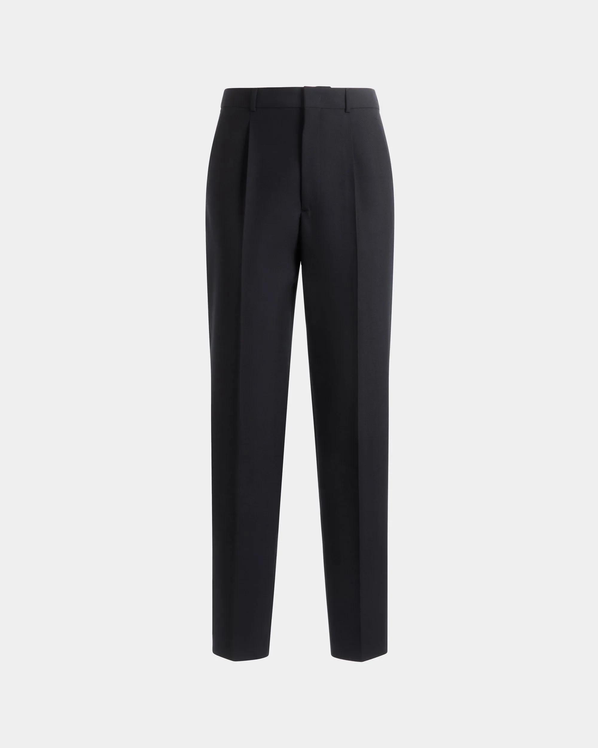 Navy Blue Wool Blend Pleated Pants for Men