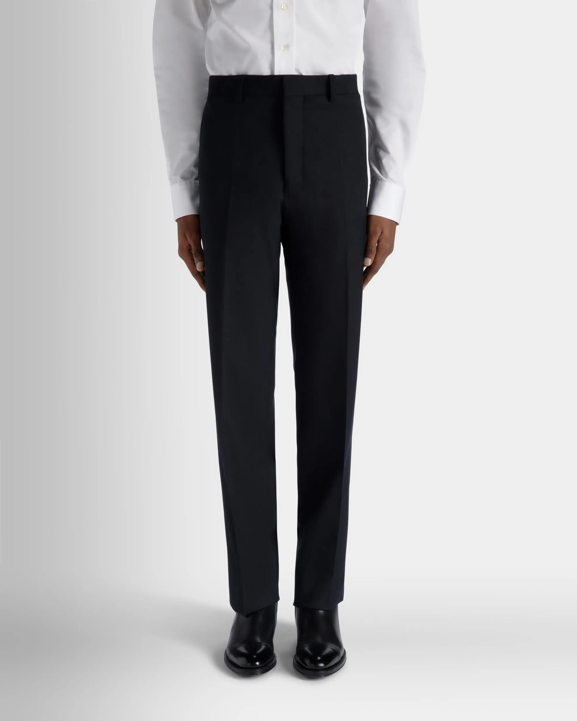 Navy Blue Wool Pleated Pants for Men