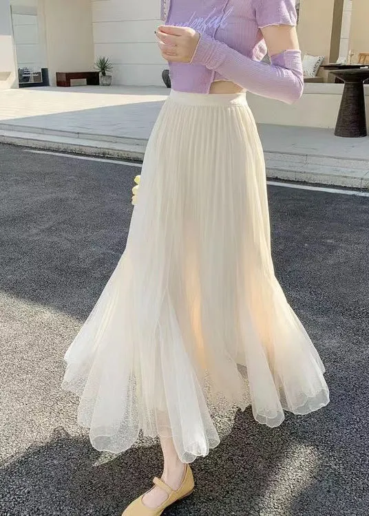 Apricot Wrinkled High Waist Tulle Skirts for Summer