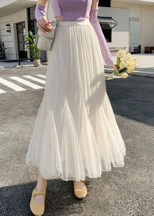 Apricot Wrinkled High Waist Tulle Skirts for Summer