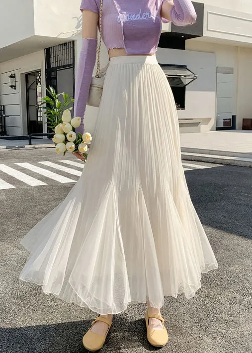 Apricot Wrinkled High Waist Tulle Skirts for Summer