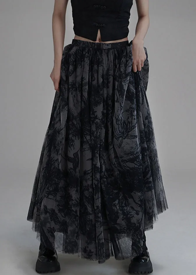 Trendy Black Print Elastic Waist Tulle Skirt Summer AB1043