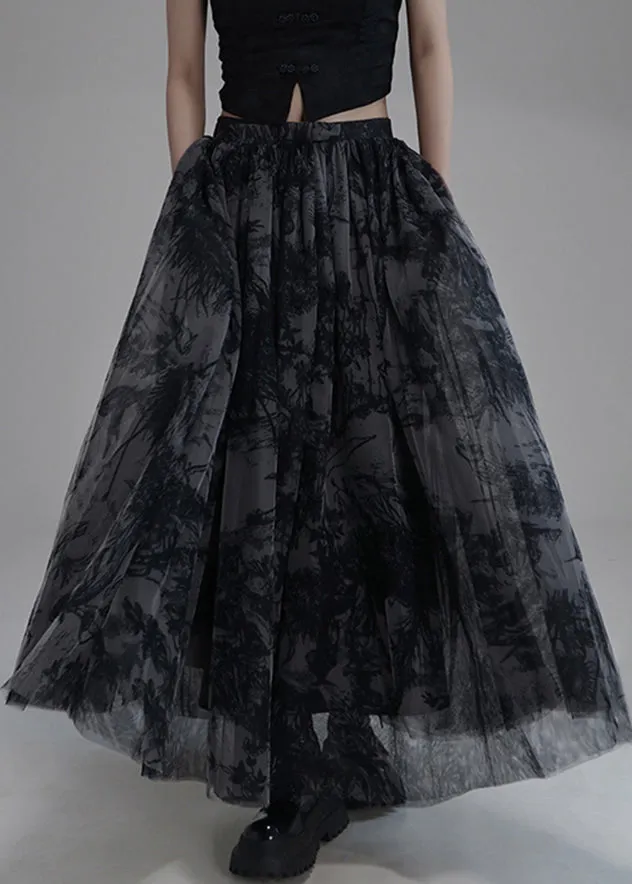 Trendy Black Print Elastic Waist Tulle Skirt Summer AB1043