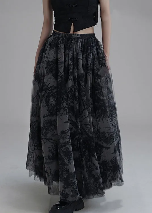 Trendy Black Print Elastic Waist Tulle Skirt Summer AB1043