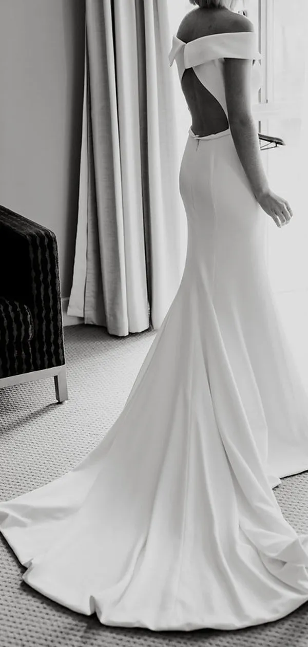 Simple Off Shoulder White Satin Open Back Mermaid Wedding Dress, DB0172