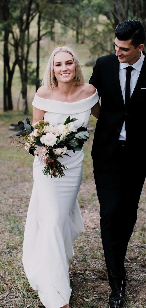 Simple Off Shoulder White Satin Open Back Mermaid Wedding Dress, DB0172