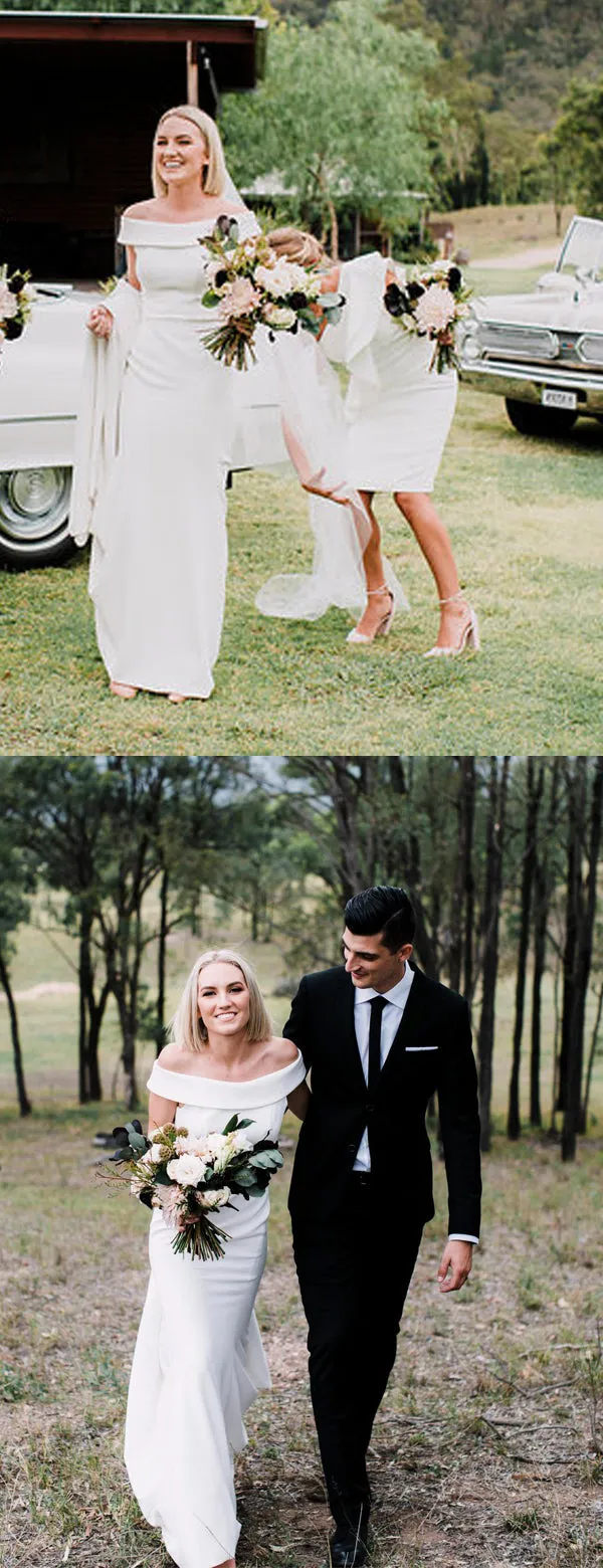 Simple Off Shoulder White Satin Open Back Mermaid Wedding Dress, DB0172