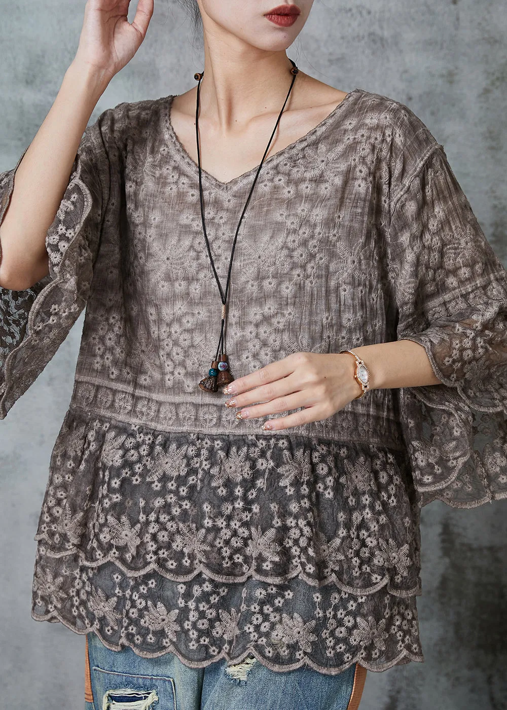 Organic Brown Lace Blouses with Flare Sleeves