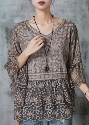 Organic Brown Lace Blouses with Flare Sleeves