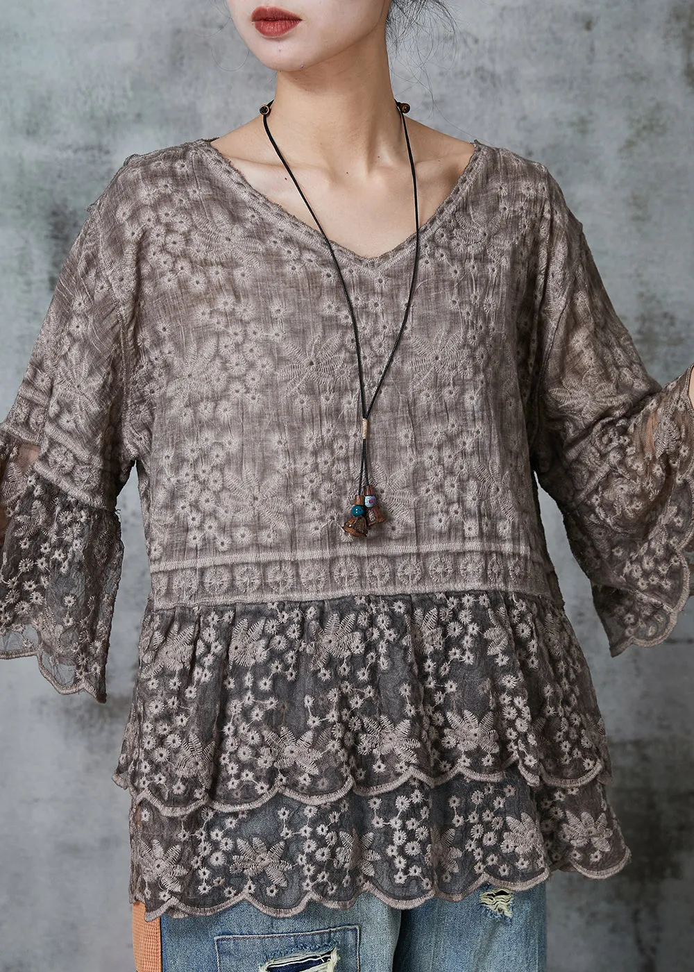 Organic Brown Lace Blouses with Flare Sleeves