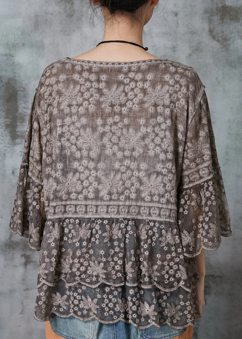 Organic Brown Lace Blouses with Flare Sleeves