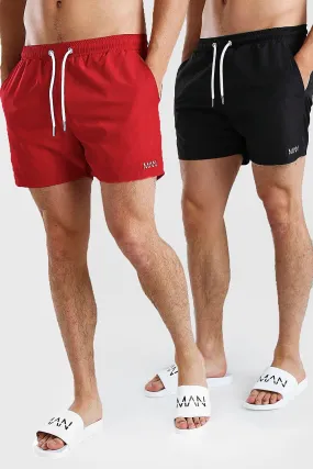 Original MAN 2Pk Plain Mid Length Swim Shorts | boohooMAN UK