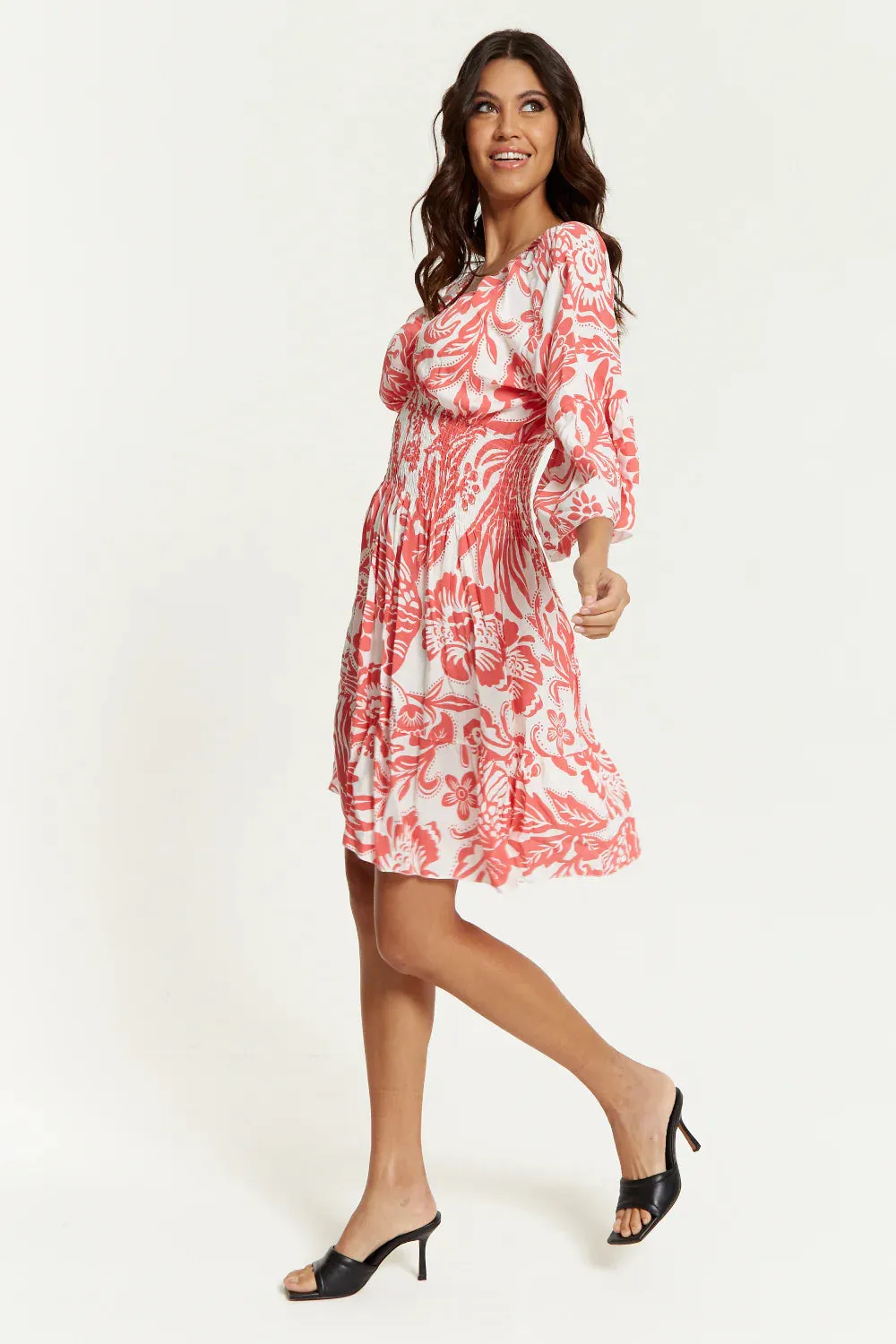 Oversized V Neck Detailed Floral Print Mini Dress