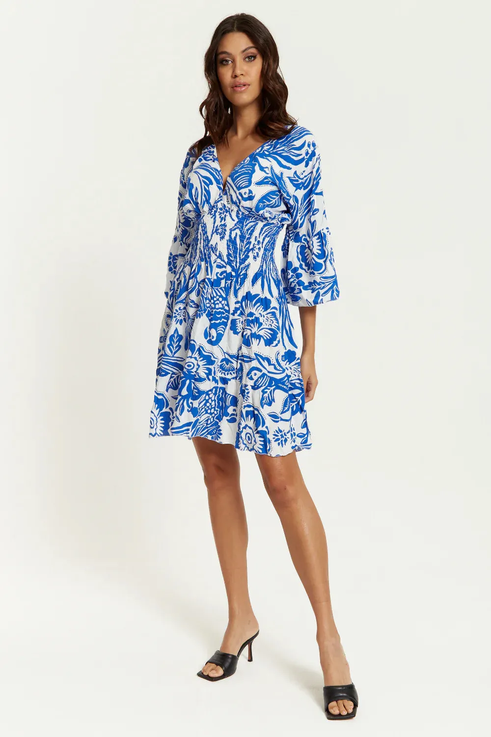 Oversized V Neck Detailed Floral Print Mini Dress