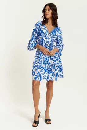 Oversized V Neck Detailed Floral Print Mini Dress