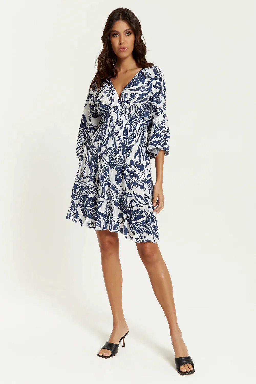 Oversized V Neck Detailed Floral Print Mini Dress