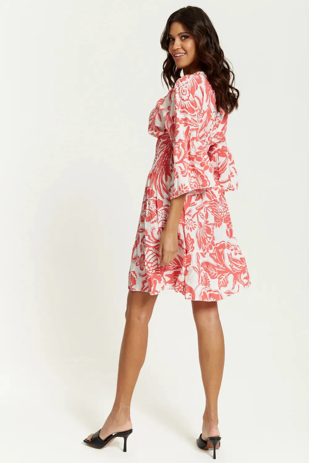 Oversized V Neck Detailed Floral Print Mini Dress