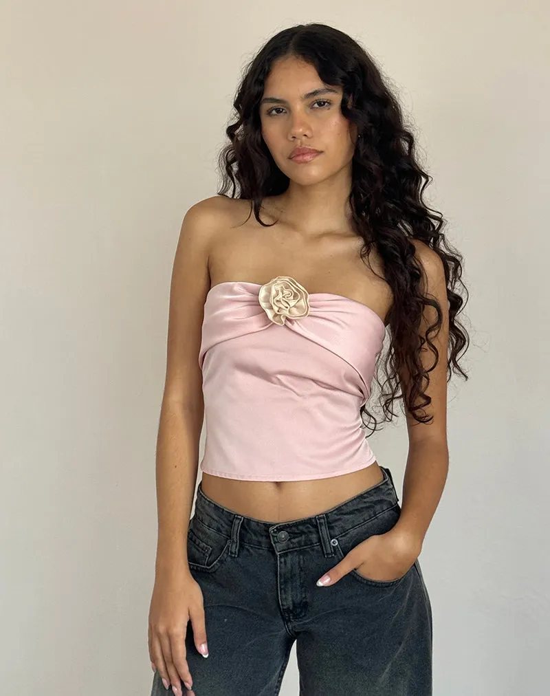 Pink Astrum Satin Bandeau Top with Ivory Rose