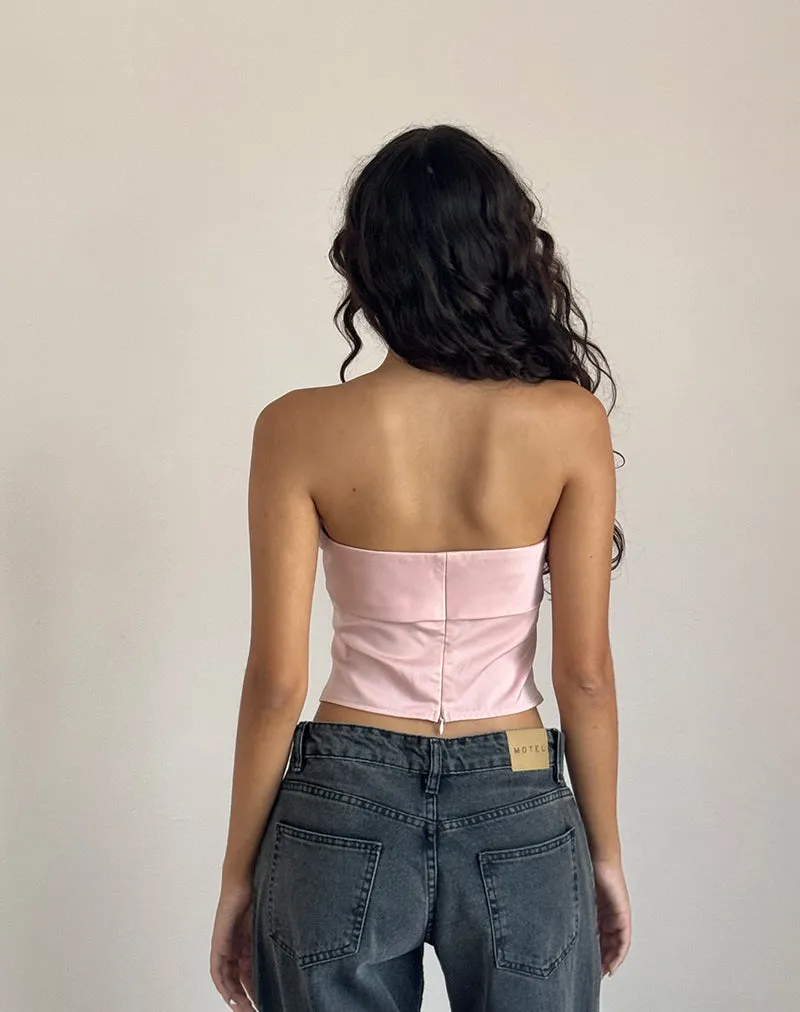 Pink Astrum Satin Bandeau Top with Ivory Rose