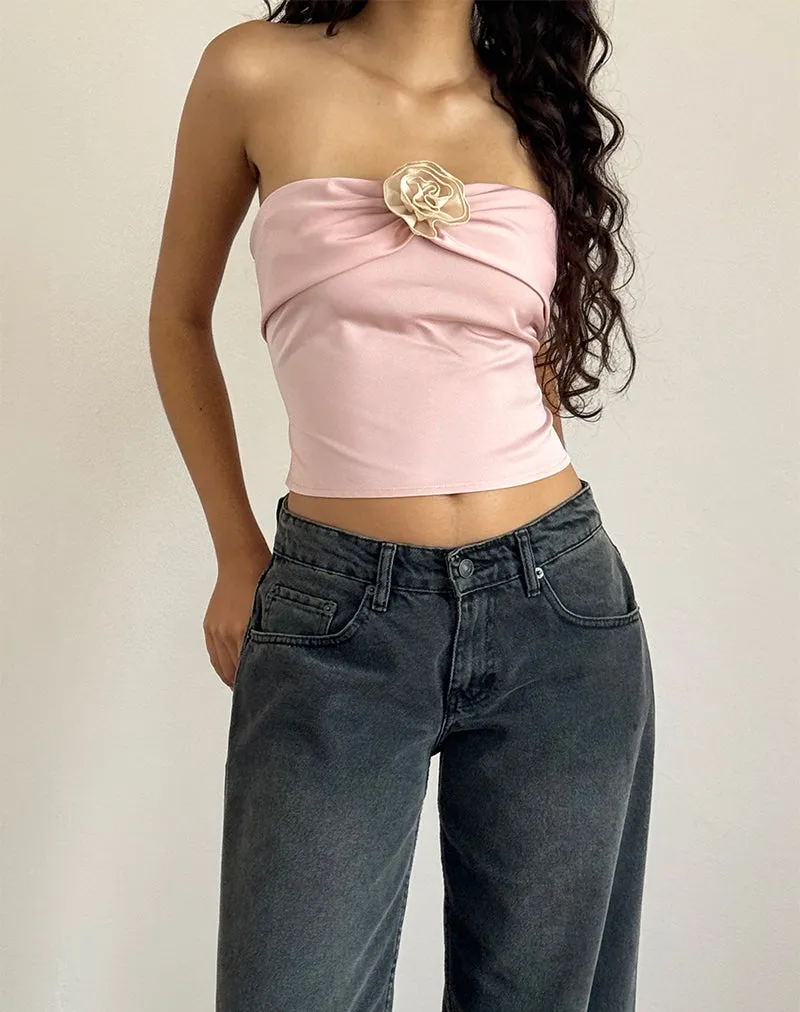 Pink Astrum Satin Bandeau Top with Ivory Rose