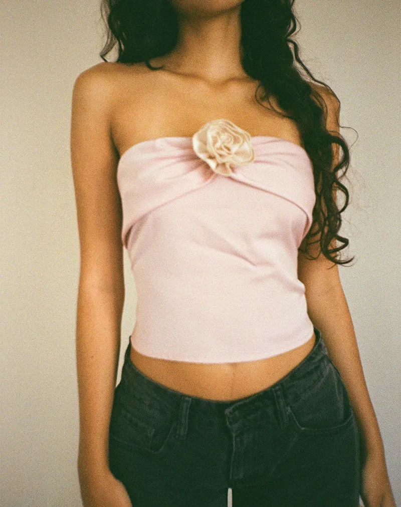 Pink Astrum Satin Bandeau Top with Ivory Rose