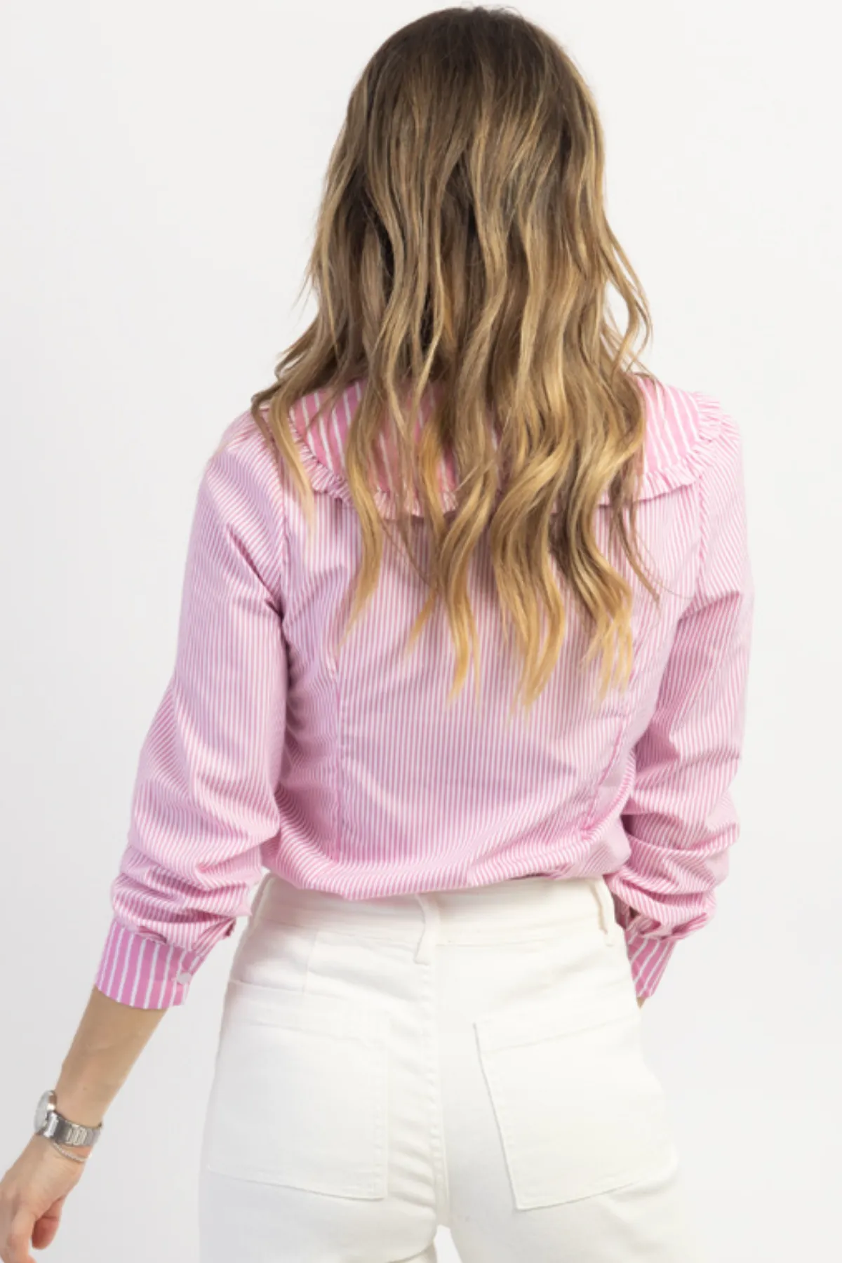 PINK STRIPED RUFFLE BUTTON DOWN BLOUSE
